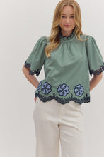 Load image into Gallery viewer, NEWEST ARRIVAL Sage Green/Navy Embroidered Mock Neck Blouse
