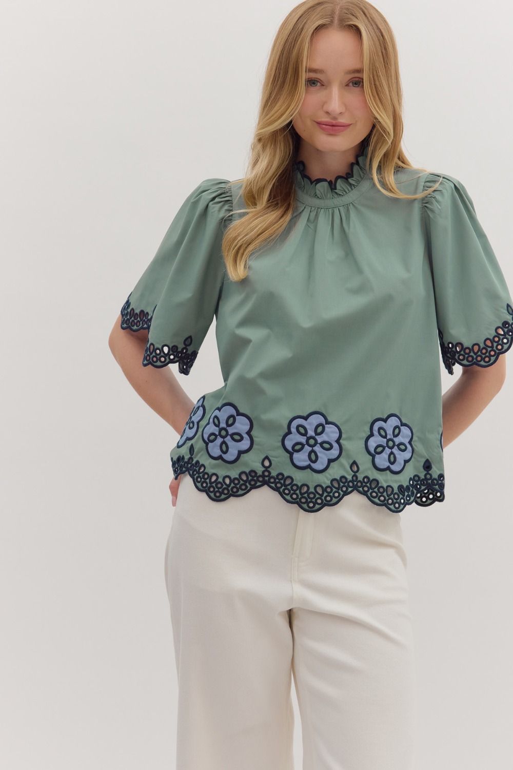 NEWEST ARRIVAL Sage Green/Navy Embroidered Mock Neck Blouse
