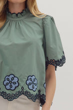 Load image into Gallery viewer, NEWEST ARRIVAL Sage Green/Navy Embroidered Mock Neck Blouse
