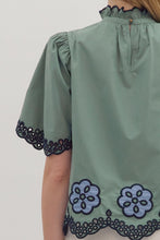 Load image into Gallery viewer, NEWEST ARRIVAL Sage Green/Navy Embroidered Mock Neck Blouse
