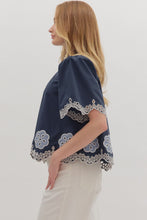 Load image into Gallery viewer, NEWEST ARRIVAL Navy/Blue Embroidered Mock Neck Blouse
