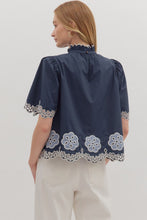Load image into Gallery viewer, NEWEST ARRIVAL Navy/Blue Embroidered Mock Neck Blouse
