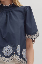 Load image into Gallery viewer, NEWEST ARRIVAL Navy/Blue Embroidered Mock Neck Blouse
