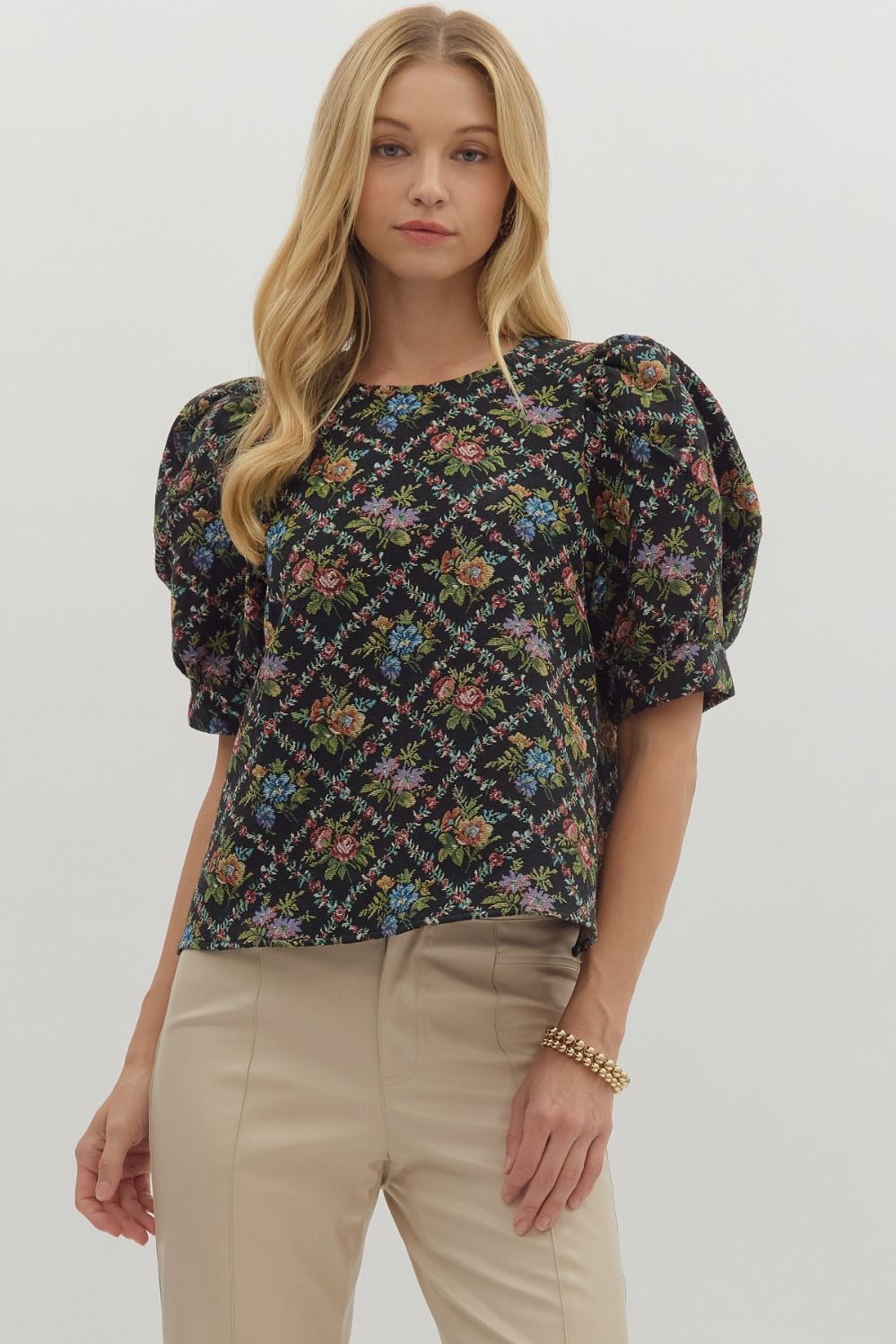 NEWEST ARRIVAL *PREORDER 8/23* Jacquard Floral Puff Sleeve Blouse