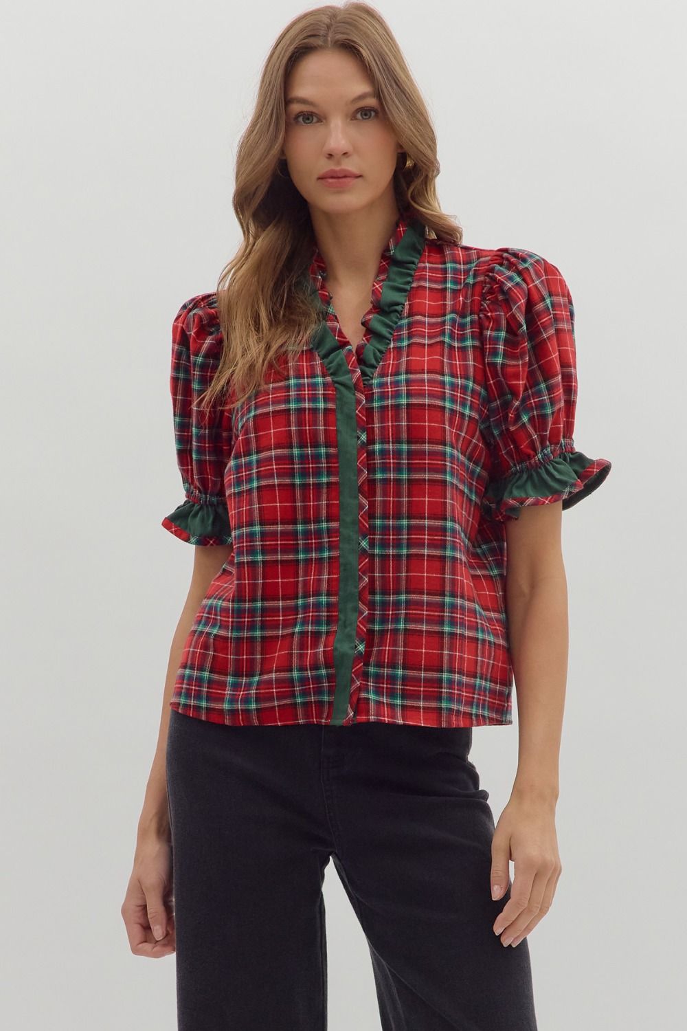 NEWEST ARRIVAL LAST ONE Red Christmas Plaid Ruffle Blouse