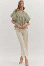 Load image into Gallery viewer, NEWEST ARRIVAL Olive Striped Smocked Bubble Sleeve Blouse
