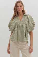 Load image into Gallery viewer, NEWEST ARRIVAL Olive Striped Smocked Bubble Sleeve Blouse
