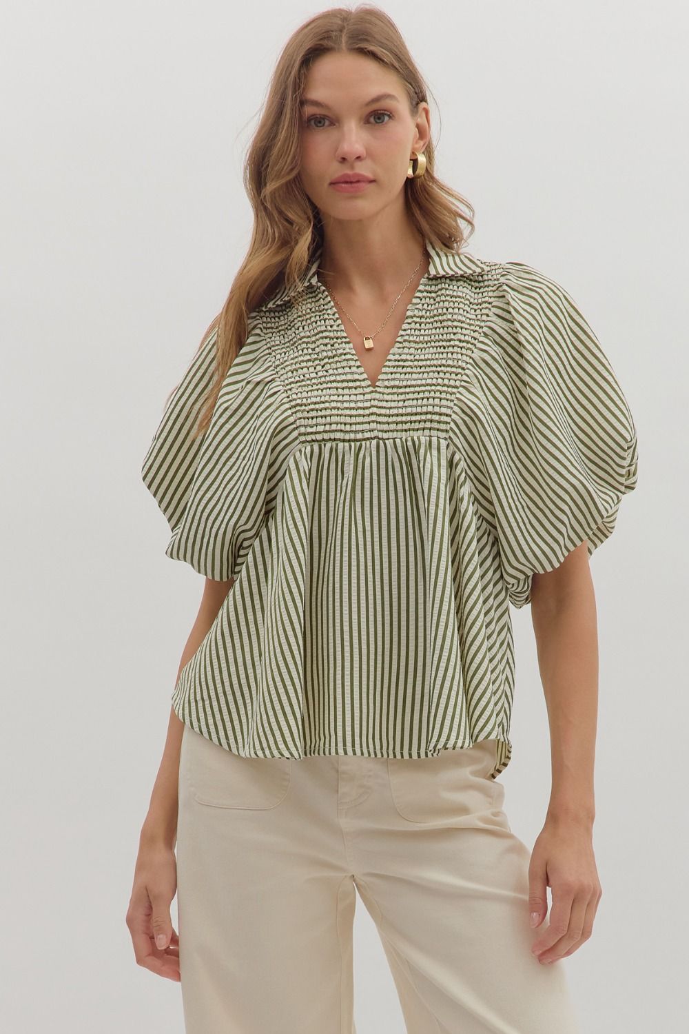 NEWEST ARRIVAL Olive Striped Smocked Bubble Sleeve Blouse