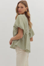 Load image into Gallery viewer, NEWEST ARRIVAL Olive Striped Smocked Bubble Sleeve Blouse

