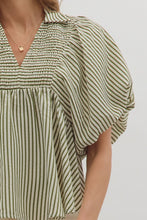 Load image into Gallery viewer, NEWEST ARRIVAL Olive Striped Smocked Bubble Sleeve Blouse
