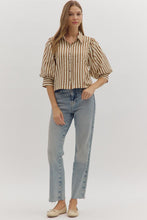 Load image into Gallery viewer, NEWEST ARRIVAL Brown Striped Puff Sleeve Button Down Blouse
