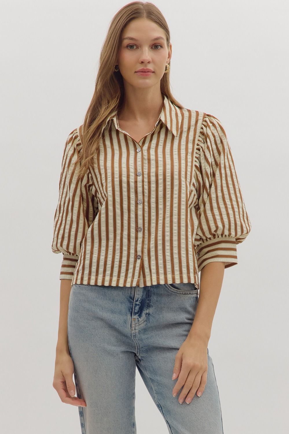 NEWEST ARRIVAL Brown Striped Puff Sleeve Button Down Blouse