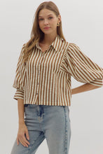 Load image into Gallery viewer, NEWEST ARRIVAL Brown Striped Puff Sleeve Button Down Blouse
