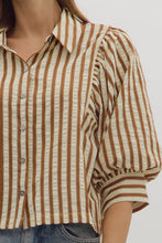 Load image into Gallery viewer, NEWEST ARRIVAL Brown Striped Puff Sleeve Button Down Blouse

