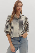 Load image into Gallery viewer, NEWEST ARRIVAL Black Striped Puff Sleeve Button Down Blouse

