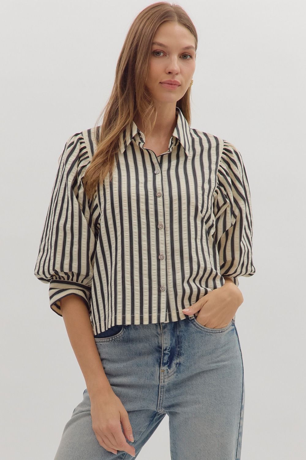 NEWEST ARRIVAL Black Striped Puff Sleeve Button Down Blouse