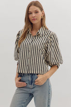 Load image into Gallery viewer, NEWEST ARRIVAL Black Striped Puff Sleeve Button Down Blouse
