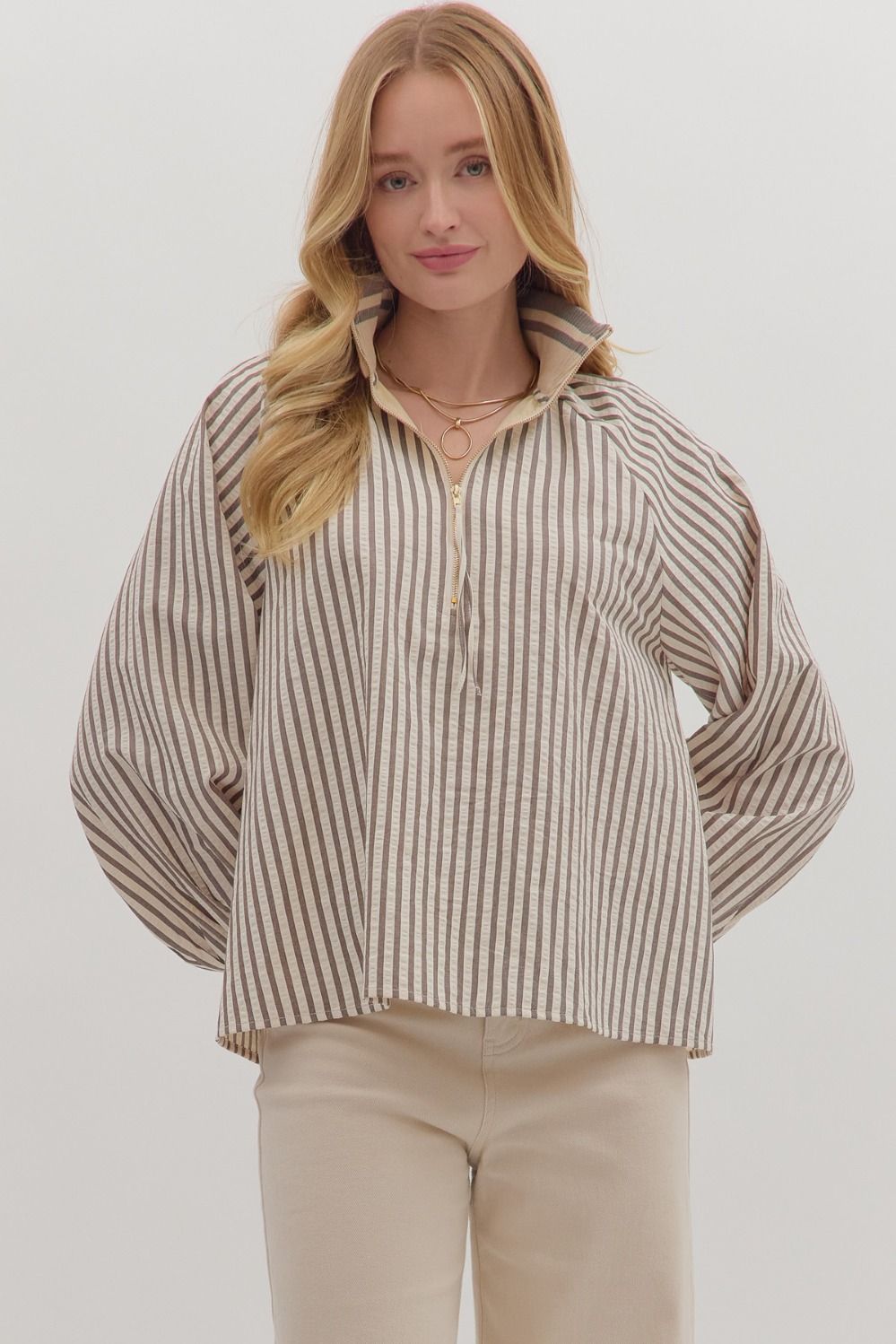 NEWEST ARRIVAL Light Brown/Ivory Striped Contrast Combo Blouse