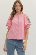 Load image into Gallery viewer, NEWEST ARRIVAL *PREORDER 3/4* Pink/Green Embroidered Floral Sleeve Button Down Blouse
