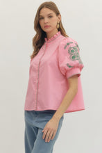 Load image into Gallery viewer, NEWEST ARRIVAL *PREORDER 3/4* Pink/Green Embroidered Floral Sleeve Button Down Blouse
