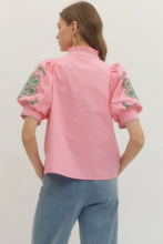 Load image into Gallery viewer, NEWEST ARRIVAL *PREORDER 3/4* Pink/Green Embroidered Floral Sleeve Button Down Blouse
