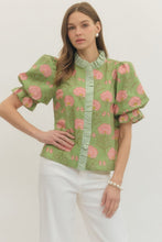 Load image into Gallery viewer, NEWEST ARRIVAL Matcha Green/Pink Floral Puff Sleeve Blouse
