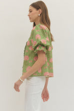 Load image into Gallery viewer, NEWEST ARRIVAL Matcha Green/Pink Floral Puff Sleeve Blouse
