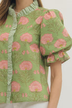 Load image into Gallery viewer, NEWEST ARRIVAL Matcha Green/Pink Floral Puff Sleeve Blouse
