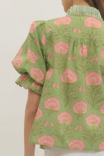 Load image into Gallery viewer, NEWEST ARRIVAL Matcha Green/Pink Floral Puff Sleeve Blouse
