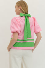 Load image into Gallery viewer, NEWEST ARRIVAL Pink/Green Back Bow Tie Blouse
