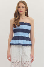Load image into Gallery viewer, NEWEST ARRIVAL Navy/Blue Striped Peplum Strapless Top
