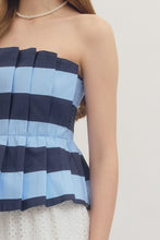Load image into Gallery viewer, NEWEST ARRIVAL Navy/Blue Striped Peplum Strapless Top
