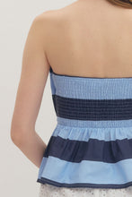 Load image into Gallery viewer, NEWEST ARRIVAL Navy/Blue Striped Peplum Strapless Top
