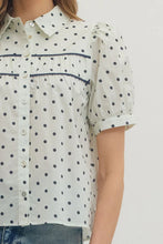 Load image into Gallery viewer, NEWEST ARRIVAL Navy Polka Dot Button Down Blouse
