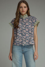 Load image into Gallery viewer, NEWEST ARRIVAL Navy Floral/Olive Striped Ruffle Button Down Blouse
