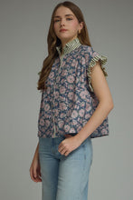 Load image into Gallery viewer, NEWEST ARRIVAL Navy Floral/Olive Striped Ruffle Button Down Blouse
