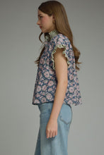Load image into Gallery viewer, NEWEST ARRIVAL Navy Floral/Olive Striped Ruffle Button Down Blouse
