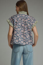 Load image into Gallery viewer, NEWEST ARRIVAL Navy Floral/Olive Striped Ruffle Button Down Blouse
