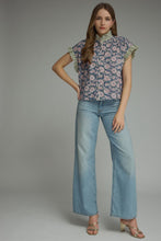 Load image into Gallery viewer, NEWEST ARRIVAL Navy Floral/Olive Striped Ruffle Button Down Blouse
