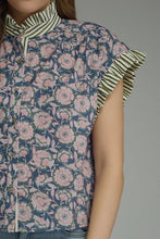 Load image into Gallery viewer, NEWEST ARRIVAL Navy Floral/Olive Striped Ruffle Button Down Blouse
