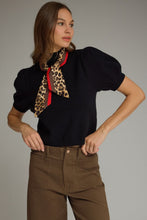 Load image into Gallery viewer, NEWEST ARRIVAL Black Knit Puff Sleeve Animal Print Neck Scarf Sweater
