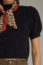 Load image into Gallery viewer, NEWEST ARRIVAL Black Knit Puff Sleeve Animal Print Neck Scarf Sweater
