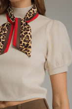 Load image into Gallery viewer, NEWEST ARRIVAL Ecru Cream Knit Puff Sleeve Animal Print Neck Scarf Sweater
