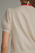 Load image into Gallery viewer, NEWEST ARRIVAL Ecru Cream Knit Puff Sleeve Animal Print Neck Scarf Sweater
