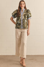Load image into Gallery viewer, NEWEST ARRIVAL Olive/Blue Floral Button Down Puff Sleeve Blouse
