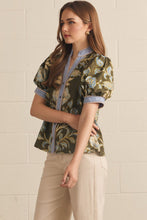 Load image into Gallery viewer, NEWEST ARRIVAL Olive/Blue Floral Button Down Puff Sleeve Blouse
