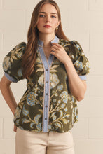 Load image into Gallery viewer, NEWEST ARRIVAL Olive/Blue Floral Button Down Puff Sleeve Blouse
