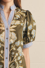 Load image into Gallery viewer, NEWEST ARRIVAL Olive/Blue Floral Button Down Puff Sleeve Blouse
