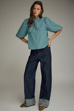 Load image into Gallery viewer, NEWEST ARRIVAL Green/Blue Striped Neck Tie Blouse
