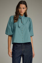 Load image into Gallery viewer, NEWEST ARRIVAL Green/Blue Striped Neck Tie Blouse
